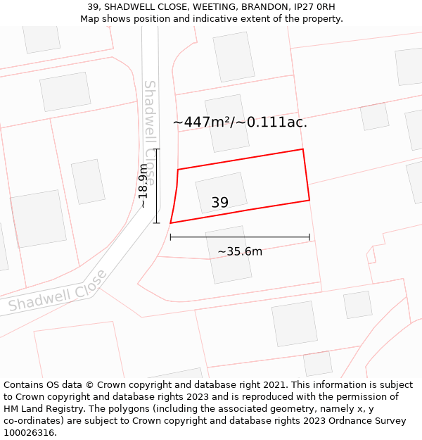 39, SHADWELL CLOSE, WEETING, BRANDON, IP27 0RH: Plot and title map