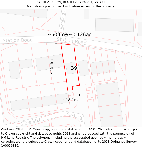 39, SILVER LEYS, BENTLEY, IPSWICH, IP9 2BS: Plot and title map