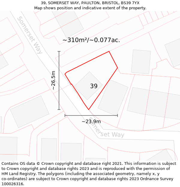 39, SOMERSET WAY, PAULTON, BRISTOL, BS39 7YX: Plot and title map