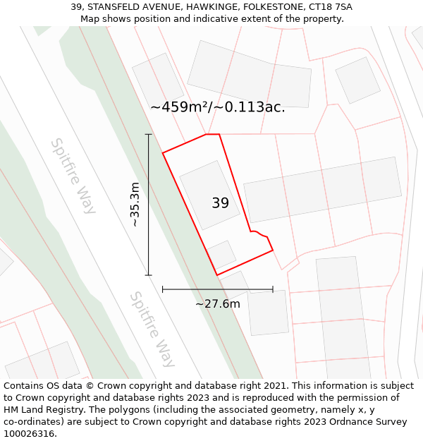 39, STANSFELD AVENUE, HAWKINGE, FOLKESTONE, CT18 7SA: Plot and title map