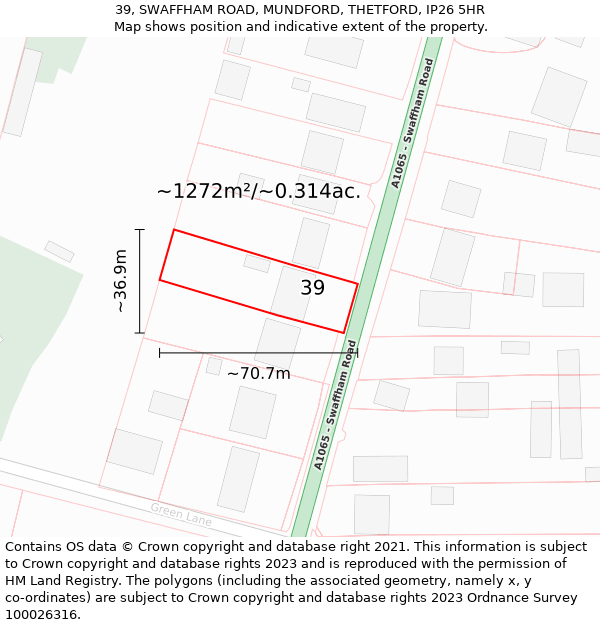 39, SWAFFHAM ROAD, MUNDFORD, THETFORD, IP26 5HR: Plot and title map