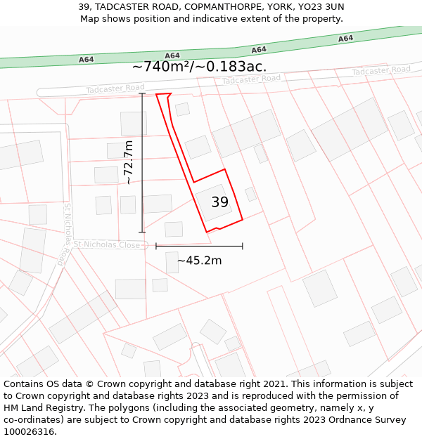 39, TADCASTER ROAD, COPMANTHORPE, YORK, YO23 3UN: Plot and title map