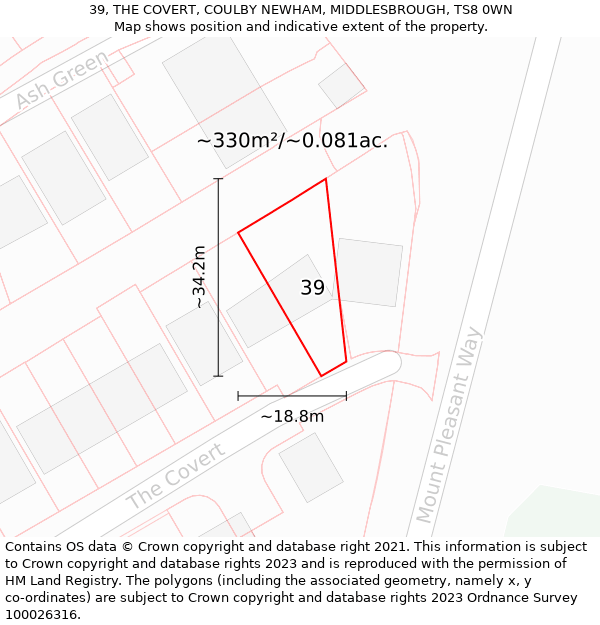 39, THE COVERT, COULBY NEWHAM, MIDDLESBROUGH, TS8 0WN: Plot and title map