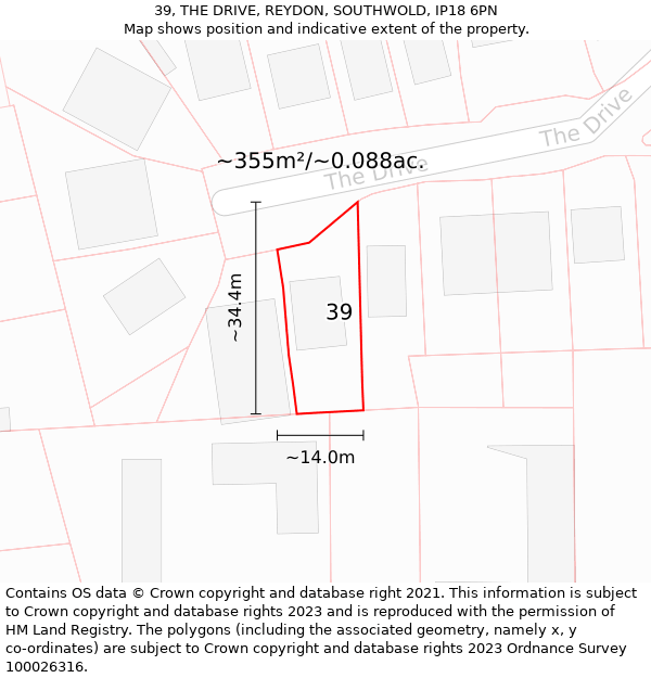 39, THE DRIVE, REYDON, SOUTHWOLD, IP18 6PN: Plot and title map