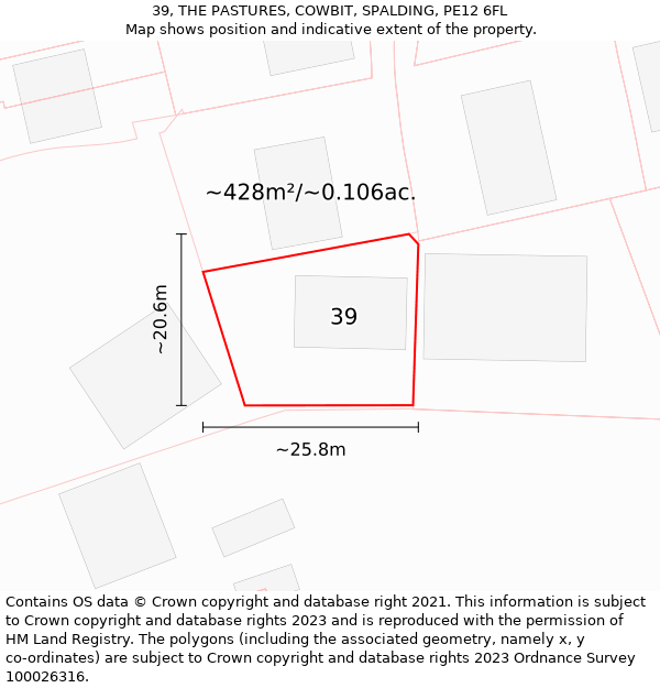 39, THE PASTURES, COWBIT, SPALDING, PE12 6FL: Plot and title map