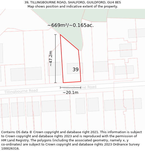 39, TILLINGBOURNE ROAD, SHALFORD, GUILDFORD, GU4 8ES: Plot and title map