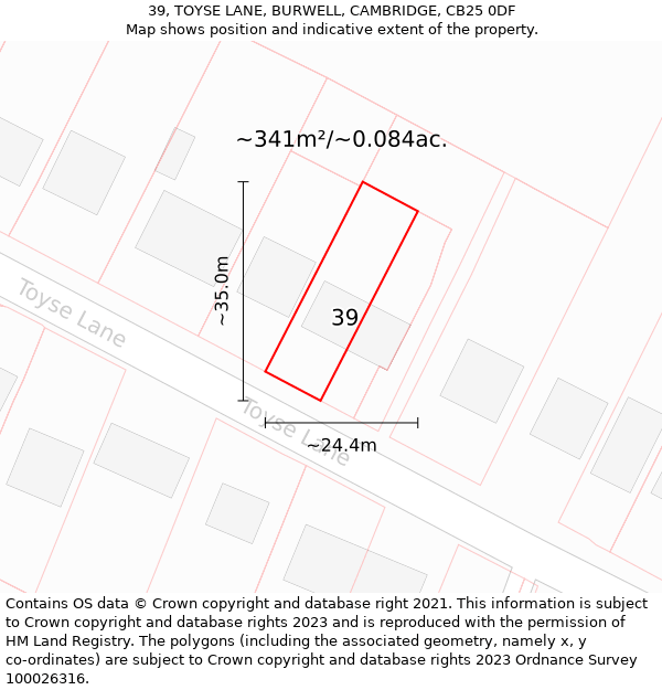 39, TOYSE LANE, BURWELL, CAMBRIDGE, CB25 0DF: Plot and title map