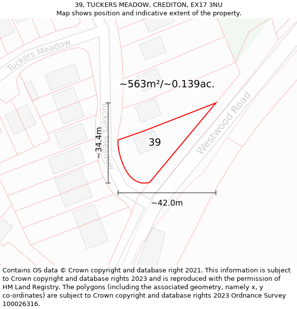 39, TUCKERS MEADOW, CREDITON, EX17 3NU: Plot and title map