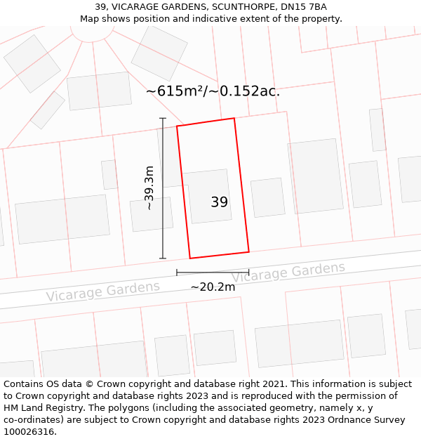 39, VICARAGE GARDENS, SCUNTHORPE, DN15 7BA: Plot and title map
