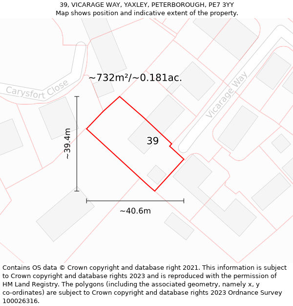 39, VICARAGE WAY, YAXLEY, PETERBOROUGH, PE7 3YY: Plot and title map