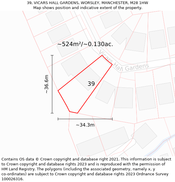 39, VICARS HALL GARDENS, WORSLEY, MANCHESTER, M28 1HW: Plot and title map