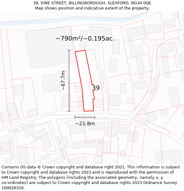 39, VINE STREET, BILLINGBOROUGH, SLEAFORD, NG34 0QE: Plot and title map