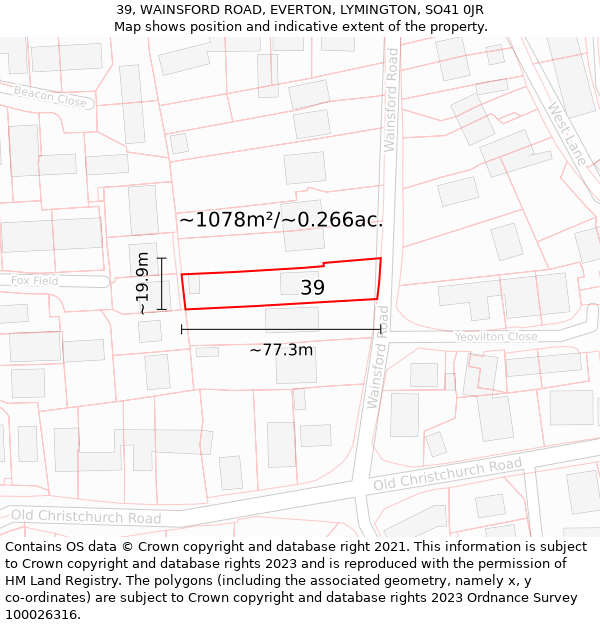 39, WAINSFORD ROAD, EVERTON, LYMINGTON, SO41 0JR: Plot and title map