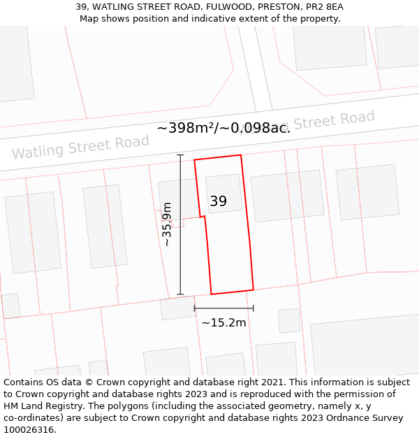 39, WATLING STREET ROAD, FULWOOD, PRESTON, PR2 8EA: Plot and title map