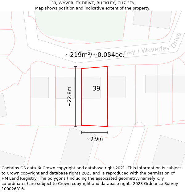 39, WAVERLEY DRIVE, BUCKLEY, CH7 3FA: Plot and title map