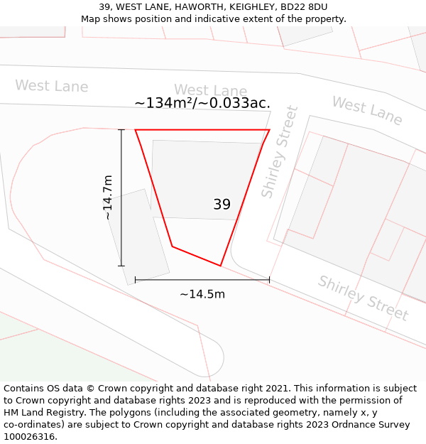 39, WEST LANE, HAWORTH, KEIGHLEY, BD22 8DU: Plot and title map
