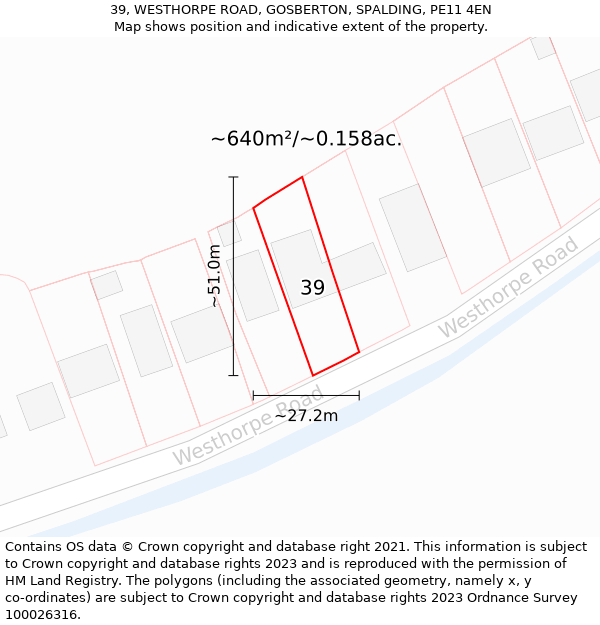 39, WESTHORPE ROAD, GOSBERTON, SPALDING, PE11 4EN: Plot and title map