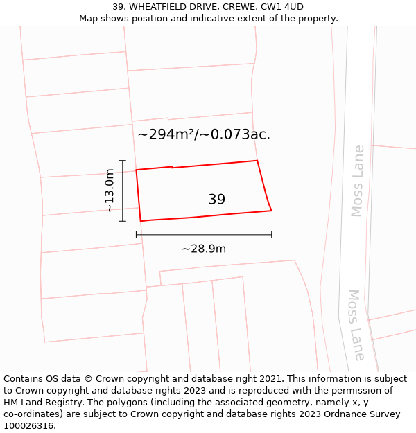 39, WHEATFIELD DRIVE, CREWE, CW1 4UD: Plot and title map