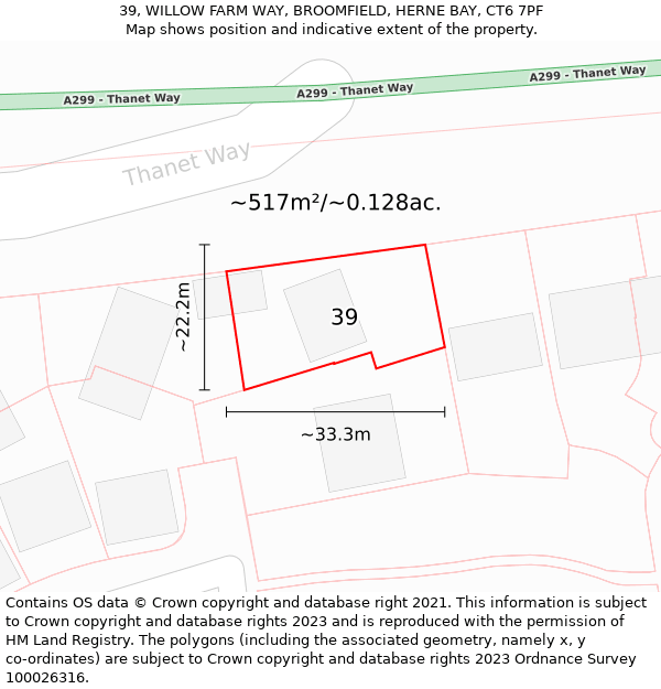 39, WILLOW FARM WAY, BROOMFIELD, HERNE BAY, CT6 7PF: Plot and title map