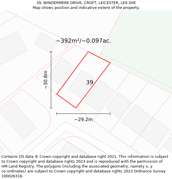 39, WINDERMERE DRIVE, CROFT, LEICESTER, LE9 3HE: Plot and title map