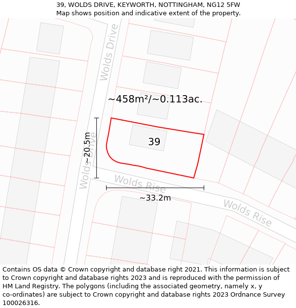 39, WOLDS DRIVE, KEYWORTH, NOTTINGHAM, NG12 5FW: Plot and title map