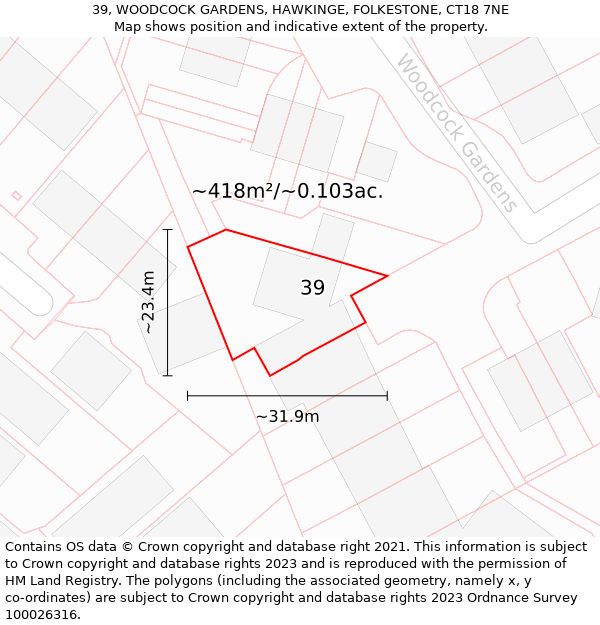 39, WOODCOCK GARDENS, HAWKINGE, FOLKESTONE, CT18 7NE: Plot and title map