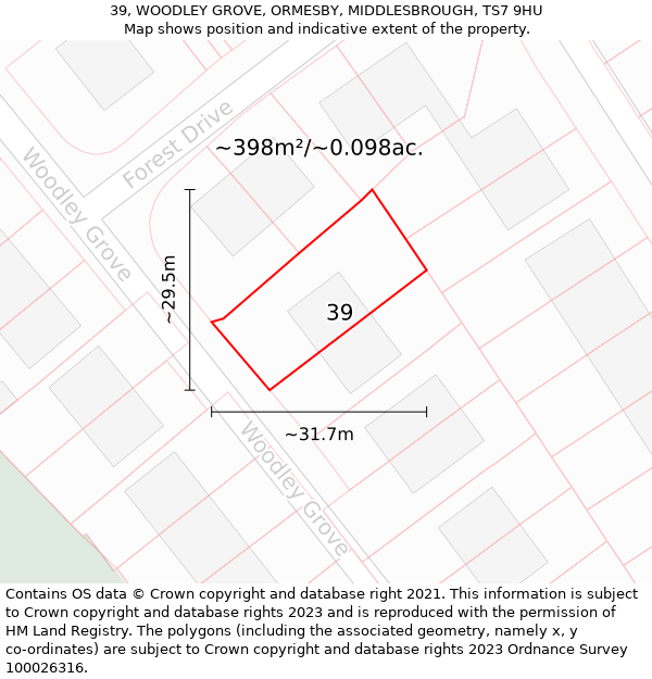 39, WOODLEY GROVE, ORMESBY, MIDDLESBROUGH, TS7 9HU: Plot and title map