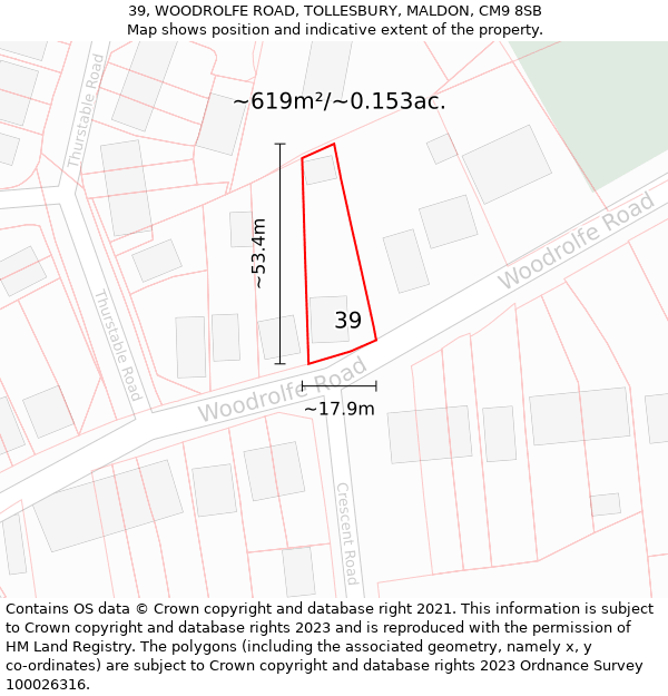 39, WOODROLFE ROAD, TOLLESBURY, MALDON, CM9 8SB: Plot and title map