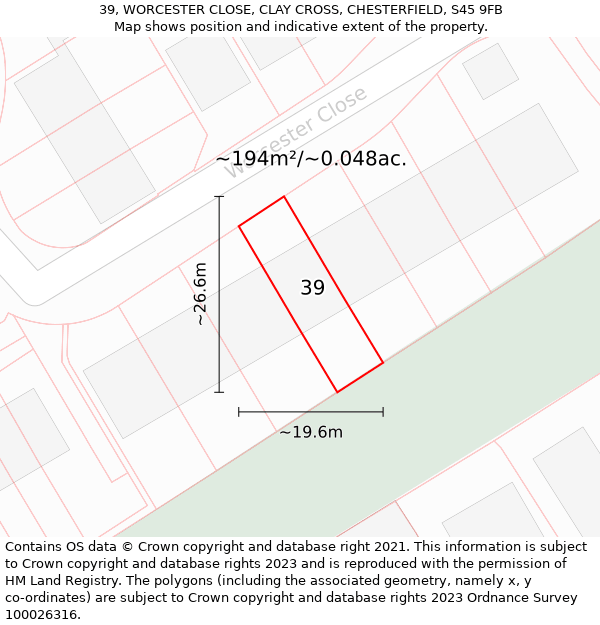 39, WORCESTER CLOSE, CLAY CROSS, CHESTERFIELD, S45 9FB: Plot and title map