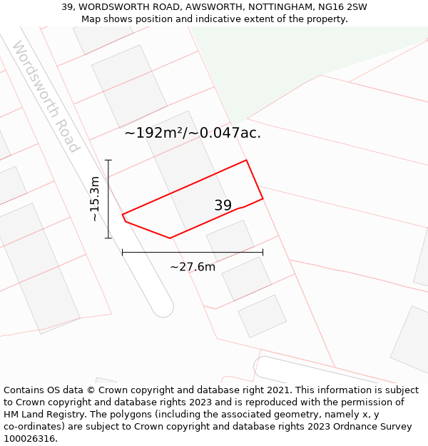 39, WORDSWORTH ROAD, AWSWORTH, NOTTINGHAM, NG16 2SW: Plot and title map