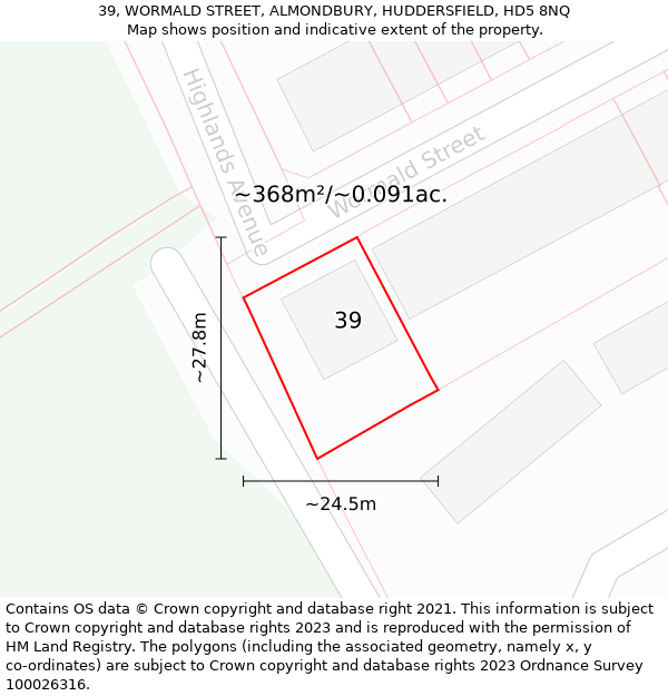 39, WORMALD STREET, ALMONDBURY, HUDDERSFIELD, HD5 8NQ: Plot and title map