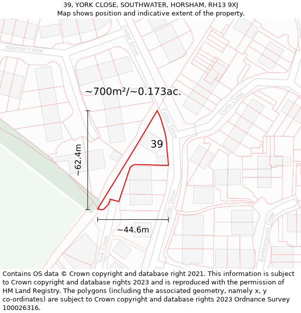 39, YORK CLOSE, SOUTHWATER, HORSHAM, RH13 9XJ: Plot and title map