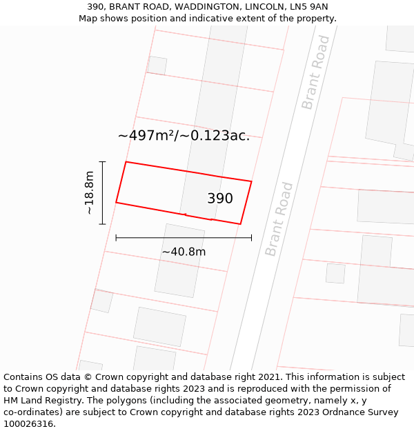 390, BRANT ROAD, WADDINGTON, LINCOLN, LN5 9AN: Plot and title map