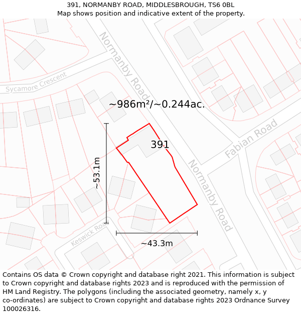 391, NORMANBY ROAD, MIDDLESBROUGH, TS6 0BL: Plot and title map