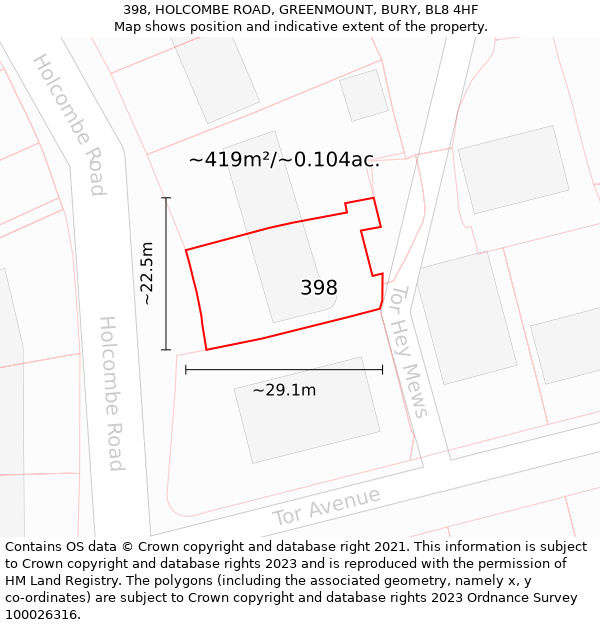 398, HOLCOMBE ROAD, GREENMOUNT, BURY, BL8 4HF: Plot and title map