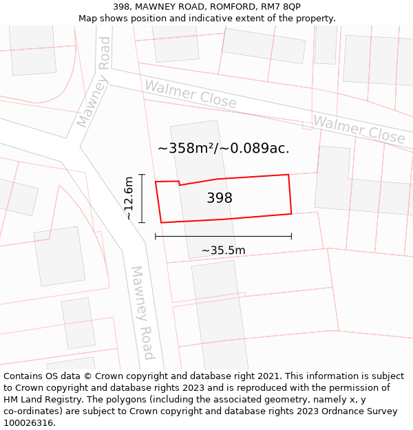 398, MAWNEY ROAD, ROMFORD, RM7 8QP: Plot and title map