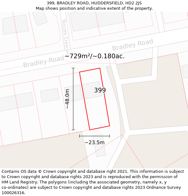 399, BRADLEY ROAD, HUDDERSFIELD, HD2 2JS: Plot and title map