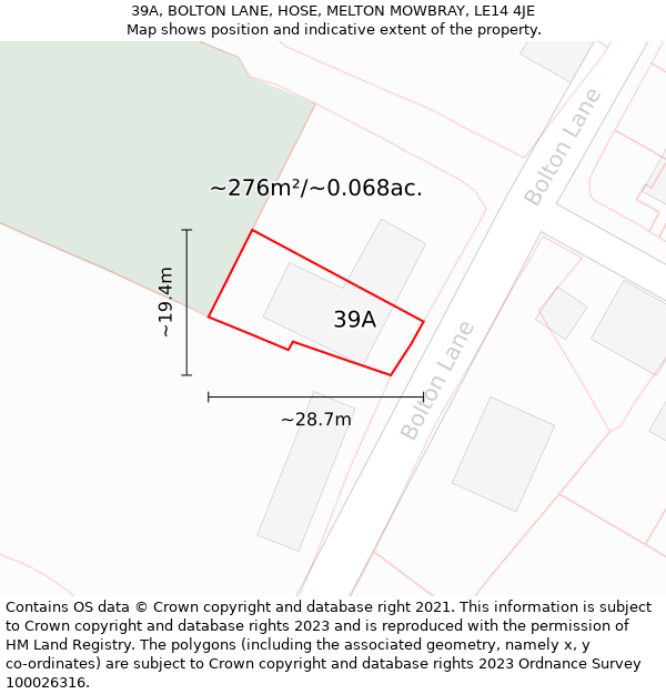 39A, BOLTON LANE, HOSE, MELTON MOWBRAY, LE14 4JE: Plot and title map