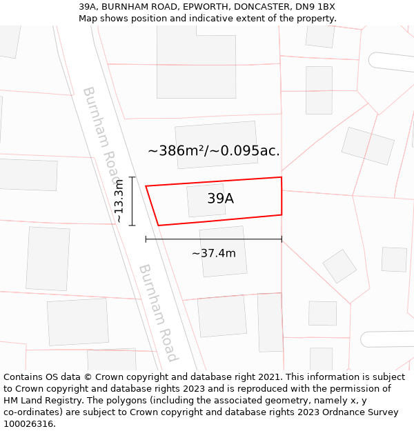 39A, BURNHAM ROAD, EPWORTH, DONCASTER, DN9 1BX: Plot and title map