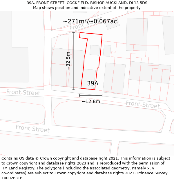 39A, FRONT STREET, COCKFIELD, BISHOP AUCKLAND, DL13 5DS: Plot and title map