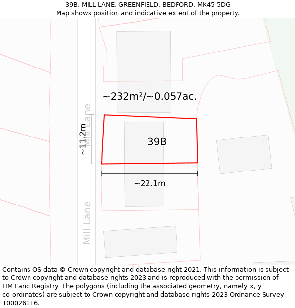 39B, MILL LANE, GREENFIELD, BEDFORD, MK45 5DG: Plot and title map