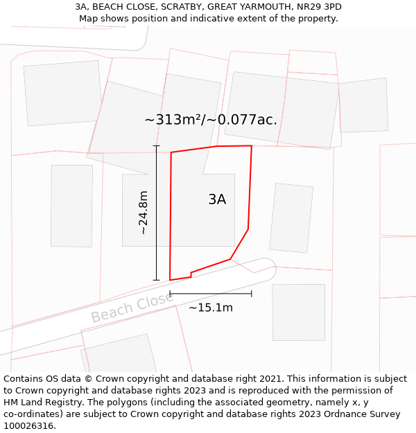 3A, BEACH CLOSE, SCRATBY, GREAT YARMOUTH, NR29 3PD: Plot and title map