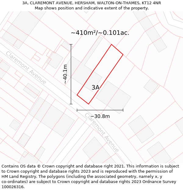 3A, CLAREMONT AVENUE, HERSHAM, WALTON-ON-THAMES, KT12 4NR: Plot and title map