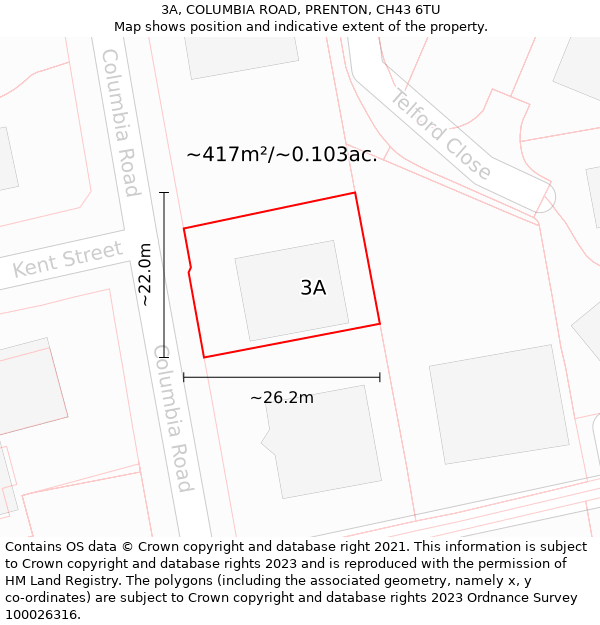 3A, COLUMBIA ROAD, PRENTON, CH43 6TU: Plot and title map