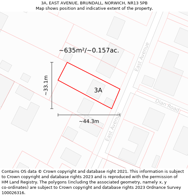 3A, EAST AVENUE, BRUNDALL, NORWICH, NR13 5PB: Plot and title map