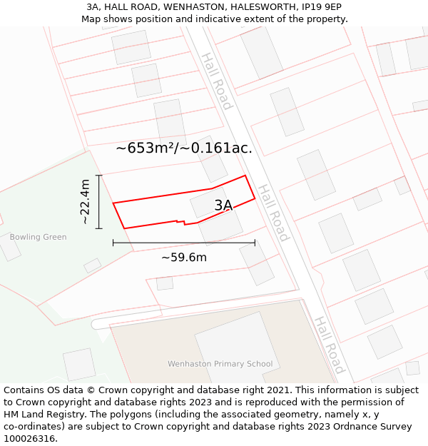 3A, HALL ROAD, WENHASTON, HALESWORTH, IP19 9EP: Plot and title map