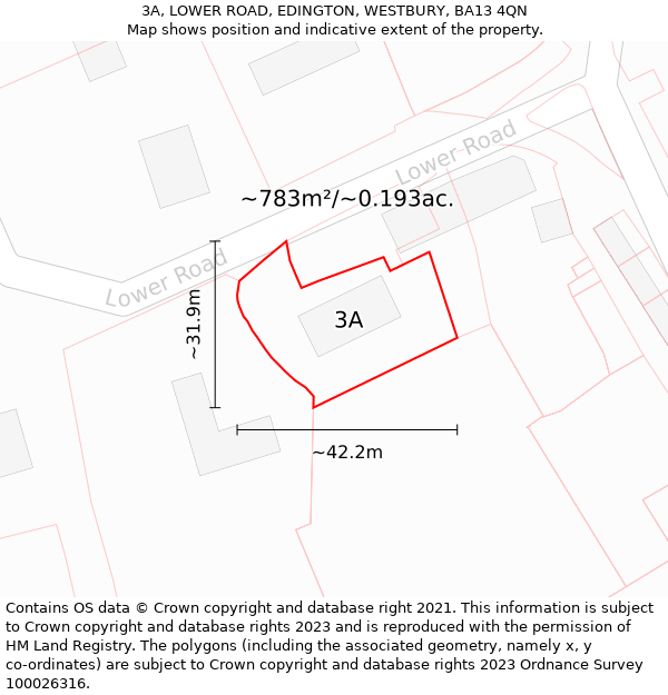 3A, LOWER ROAD, EDINGTON, WESTBURY, BA13 4QN: Plot and title map