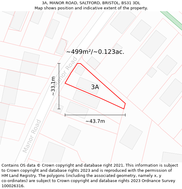 3A, MANOR ROAD, SALTFORD, BRISTOL, BS31 3DL: Plot and title map