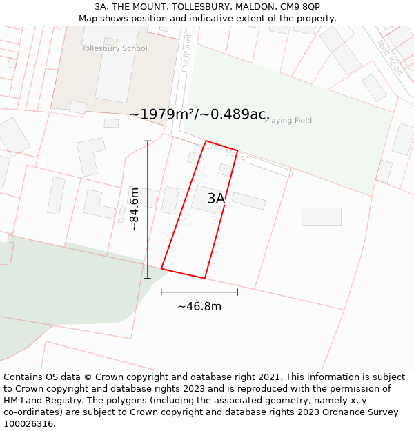 3A, THE MOUNT, TOLLESBURY, MALDON, CM9 8QP: Plot and title map