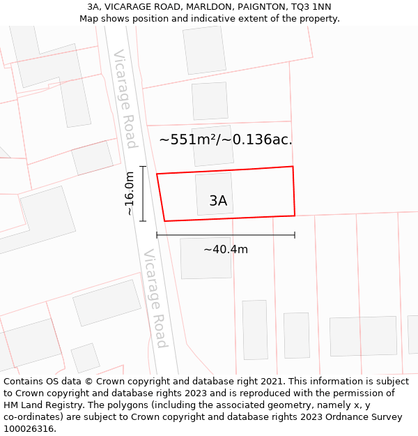 3A, VICARAGE ROAD, MARLDON, PAIGNTON, TQ3 1NN: Plot and title map